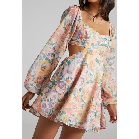 showpo Dresses & Skirts - Long Sleeve Puff Sleeve Cut Out Floral Mini Dress Size 12